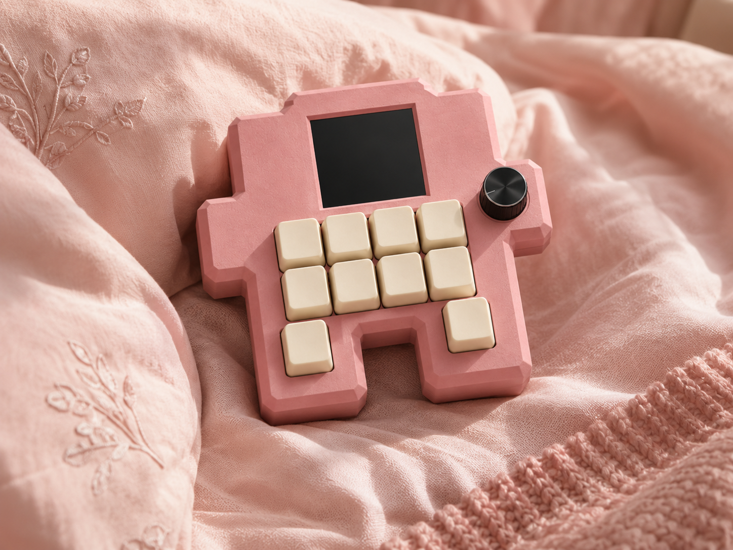 Codogotchi Pink resting on a pink bed